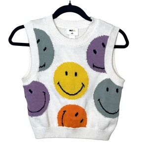 H&M x Smiley® Knit Sweater Vest‎ Multicolor Faces White Small EUC